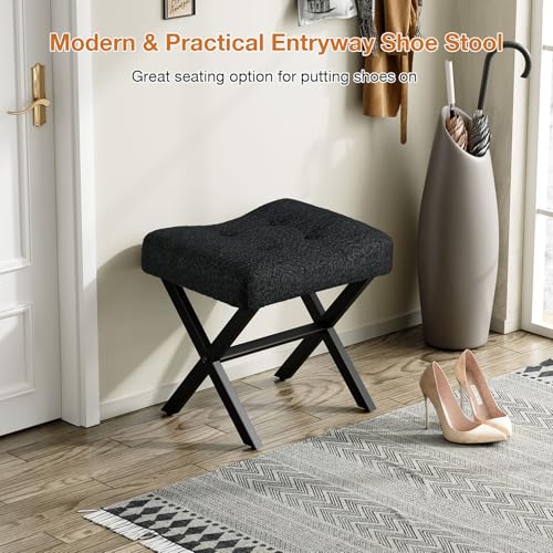 18-Inch Large Vanity Stool Chair, Black Makeup Stool | Teddy Flannel Vanity Bench, Metal X-Leg, 350 LBS, 20"x16.9"x18", Ottoman Accent Stool, Breathable Soft Padded Saddle Seat - size: Large, style: Black Fabric