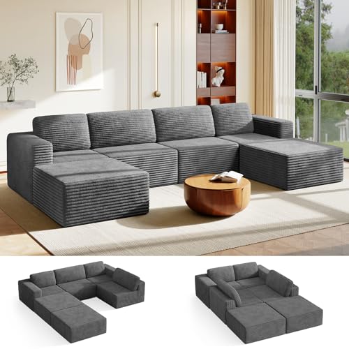 Vesgantti 159" Large Modular Sectional Sofa, U-Shaped Corduroy Cloud Couch with Deep Seats & Spring Support, 4-Seater Boneless Sofa with 2 Movable Ottomans, No Assembly Needed, Grey - color: 159" - 4 Seater + 2 Ottoman Grey