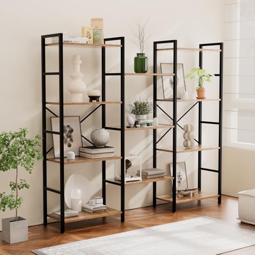 GRUSIGN Triple 4 Tier Book Shelf, Modern Bookcase Shelf, Freestanding Large Display Shelves for Living Room/Office/Garage, Stable Large Bookshelf with Storage for Books/LEGO/Plants, Rustic Brown - color: Brown