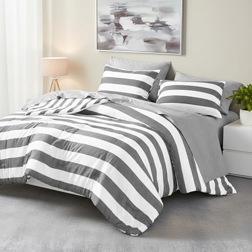 Reversible Striped Queen Comforter Set-Bed in A Bag 7-Pieces Bedding Set with Double-sided Stripes Design-Warm & Cozy Bed Set Includes Queen Size Comforter, Sheets Set, Pillowcases and Shams, Charcoal - color: Charcoal, size: Queen