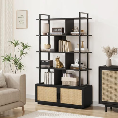 IDEALHOUSE 5 Tier Rattan Bookshelf with Storage Cabinet & Door, 71.1 Inch Tall Industrial Book Shelf with Open Display Shelves, 5 Shelf Bookcase with Metal Frame for Living Room, Bedroom -Black - color: Black