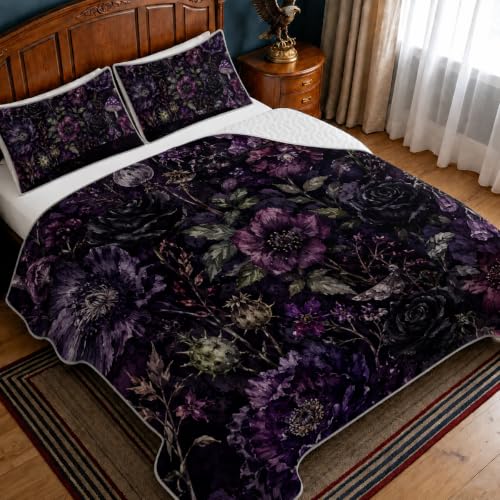 Gothic Dark Floral Quilt Set, Lightweight Microfiber, Full/Queen | Black rose botanical quilt with white reverse, witchy goth bedding for all-season layering and bedroom decor. - color: Purple Mushroom Wild Flower, size: Full/Queen