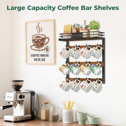 EsLuker.ly Coffee Mug Holder Cup Hanger Wall Mounted Display Rack | Metal Organizer with 12 Movable Plastic Hooks, Wood Rustic Shelf for Coffee Bar Home Kitchen, Thoughtful Wall Storage - style: 12 Movable Hooks Brown Style