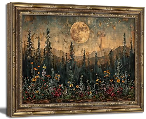 Gold Framed Wall Art Vintage Nature Forest Wall Art Full Moon Forest Landscape Wall Decor Picture Rustic Dark Wildflower Field Poster Print for Bedroom Living Room 12x16in - color: Moon Forest, size: 16"l X 12"w