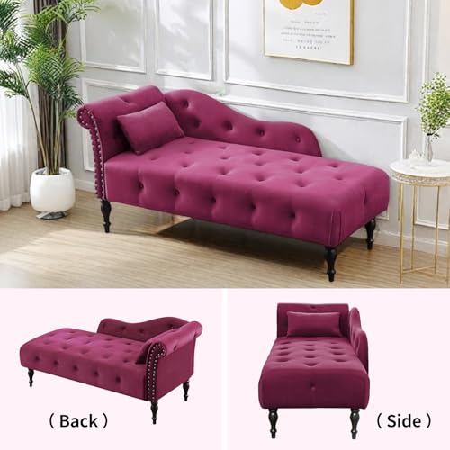 60" Modern Velvet Chaise Lounge Indoor,Upholstered Lounge Chair with Left Armrest and Lumbar Pillow, Button Tufted Lounge Sofa for Living Room Bedroom Office,Mini Chaise Longue Sofa (Claret) - color: Claret