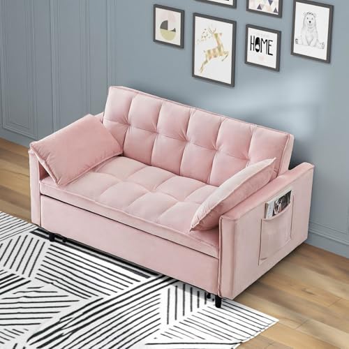 3 in 1 Convertible Sleeper Sofa Bed, Velvet Loveseat Futon Pull-Out Couch with Adjustable Reclining Backrest, Side Pockets and Pillows for Living Room, Bedroom, Apartment, Small Spaces (Pink-Velvet) - color: Pink-velvet