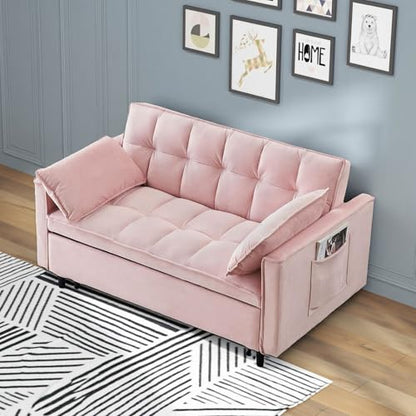 3 in 1 Convertible Sleeper Sofa Bed, Velvet Loveseat Futon Pull-Out Couch with Adjustable Reclining Backrest, Side Pockets and Pillows for Living Room, Bedroom, Apartment, Small Spaces (Pink-Velvet) - color: Pink-velvet