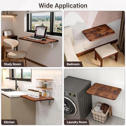 Neoaider Wall Mounted Folding Desk 23.6” x 15.7”, Brown | Drop Down Table with Metal Collapsible Brackets, Folding Wall Table for Small Spaces, Home, Office, Kitchen, Laundry Room - color: Brown, size: 23.6" x 15.7"