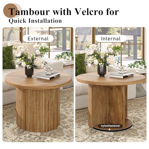 Nesting Coffee Table Set of 2, Mid Century Modern Round Coffee Tables, Wood Slat Side Table Set for Living Room, Office, Balcony (Natural Oak) - color: Natural Oak