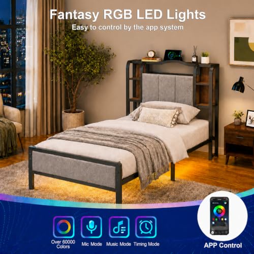 Twin Size Bed Frame with LED Lights & Charging Station | Upholstered Headboard & Footboard, No Box Spring Needed, Noise-Free Easy Assembly, Large Under Bed Storage - size: Twin