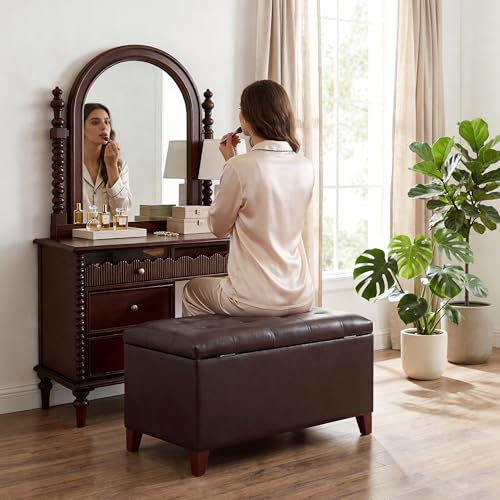 Storage Ottoman Bench, 33 Inches Faux Leather Rectangle Tufted Foot Stool for End Foot of Bed, Bedroom, Living Room, Brown - color: Brown Faux Leather
