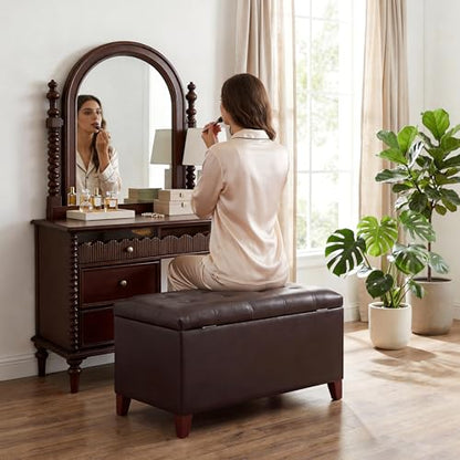 Storage Ottoman Bench, 33 Inches Faux Leather Rectangle Tufted Foot Stool for End Foot of Bed, Bedroom, Living Room, Brown - color: Brown Faux Leather