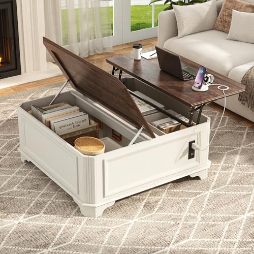 40 Inch Coffee Tables for Living Room Farmhouse Lift Top with Charging Station and Hidden Storage - Square Center Table with Adjustable Lifting Top and Large Storage for Bedroom, Home Office, White - color: White