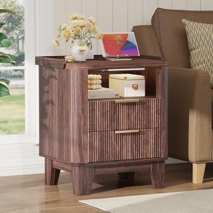 Baoz Walnut Fluted Nightstand with Charging Station & 2 Wooden Drawers | 20" Wide Mid Century Modern Bedside Table Wood Curved Profile Design 27in Tall LED Night Stand - color: Walnut, size: 2 Drawers