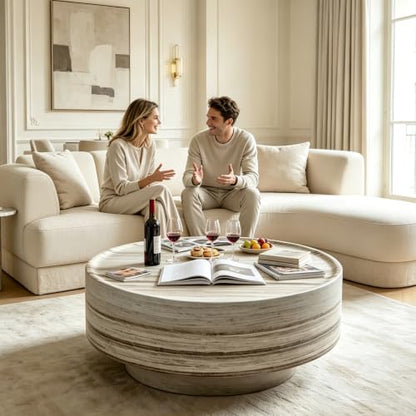 31.5" Round Faux Marble Coffee Table for Living Room (31.5"x12.8") | Center Table, Concrete Coffee Table, Travertine Accent Table, Stone Coffee Table, Living Room Furnitures, Easy to Assembly - color: Dark Grey-a
