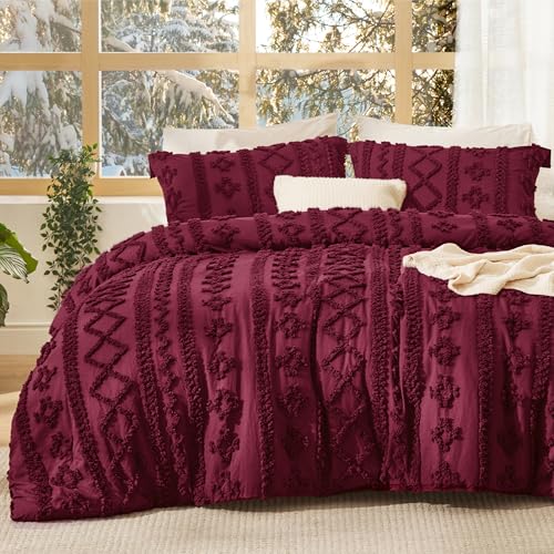 Bedsure Tufted Boho Comforter Set Twin Size - Burgundy Boho Bed Set, GentleSoft™ 2 Pieces Farmhouse-Style Embroidery Bedding, Gifts for Woman, Soft Jacquard Kids' Twin Comforter for All Seasons - color: 27 - Burgundy - Elegant, size: Twin/Twin XL