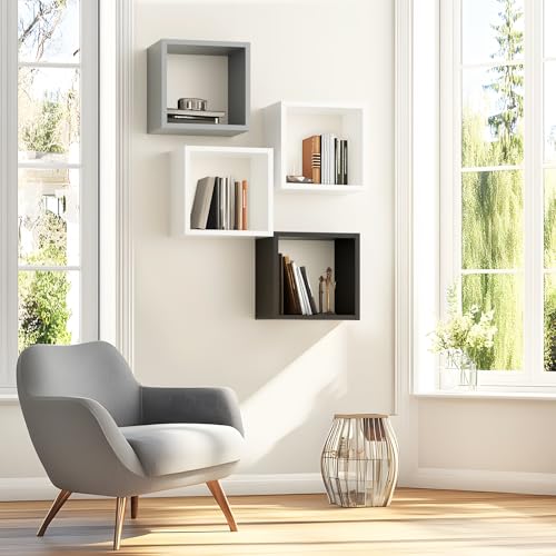 Cube Shelves Set2, White Display Shelves Wall Mount 7.75" D x 12.5" W x 12.5" H, (White, Square 2 Cubes) - color: White, size: Square-Set2