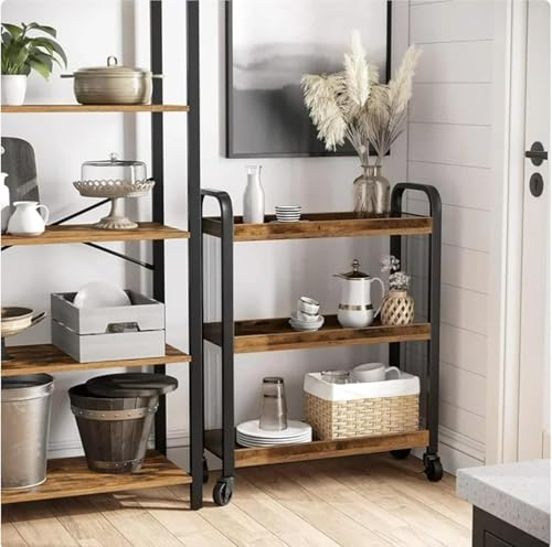 HYGRAD BUILT TO SURVIVE 3-Tier Wooden/Metal Industrial Style Rustic Narrow Rolling Cart with Wheels - Kitchen Serving Cart, Utility Storage Trolley Shelves for Small Spaces Office, Home