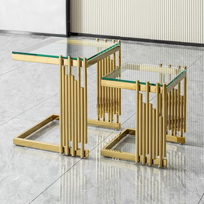 2-Piece Tempered Glass Coffee Table Set, Modern Nesting Tables with Gold Stainless Steel Frame, Space-Saving Accent End Tables for Living Room, Gold+Glass