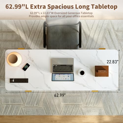 63" Fluted Computer Desk with Charging Station and Storage for Bedroom, Home Office | Home Office Desk with 6 Drawers and Power Outlet, Executive Study Writing Desk with Cabinet, Natural