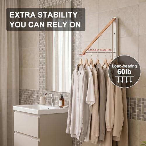 LEQ Clothes Drying Rack Wall Mounted, Foldable Laundry Drying Rack with Wood-Tone Aluminum Frame, Rustproof Retractable Clothes Hanger for Small Laundry Room, Bathroom, Balcony,White - size: 1 Rack