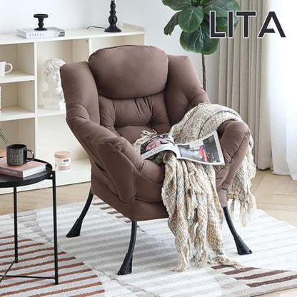 Lazy Chair with Ottoman, Comfy Accent Reading Chair, Dark Brown | Foldable Footrest,Removable Cover,with Armrests and Side Pockets,Upholstered Lounge Chair for Bedroom,Dorm,Office,Small Space - color: Single Dark Brown