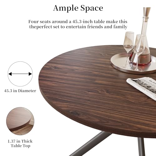 HIPIHOM 45.3 Inch Modern Round Dining Table for 4, Space-Saving Dinette with Carbon Steel Legs for Home Kitchen Apartment(Dark Walnut Table) - color: Walnut Table