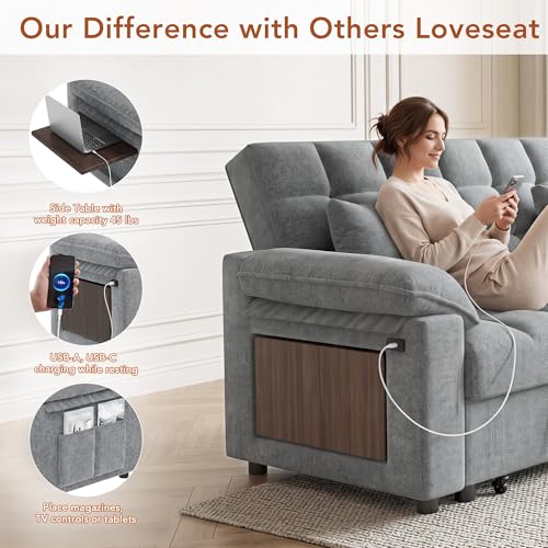 Vipbear Sleeper Sofa Bed, 70" Pull Out Futon Couch with Small Table| USB Port | Side Pockets | Tool-Free Assembly | Adjustable Backrest for Apartment, Office, Guest Room, Chenille Light Grey - color: Light Grey