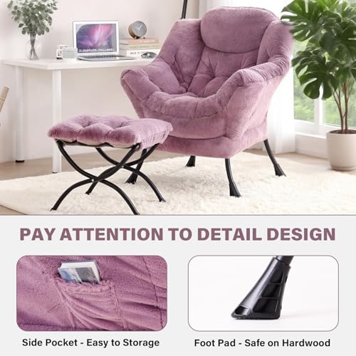 Lazy Chair with Ottoman, Comfy Reading Accent Chair, Plush Purple | Foldable Footrest, Padded Seat and Backrest, Side Pocket for Lounging in Living Rooms, Bedrooms, Dorms and Small Spaces - color: Plush-purple