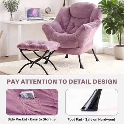 Lazy Chair with Ottoman, Comfy Reading Accent Chair, Plush Purple | Foldable Footrest, Padded Seat and Backrest, Side Pocket for Lounging in Living Rooms, Bedrooms, Dorms and Small Spaces - color: Plush-purple