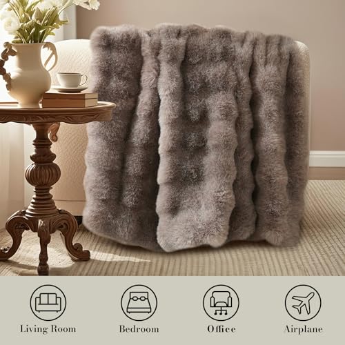 Faux Fur Throw Blanket, Ultra Soft Fuzzy Plush Bubble Blanket for Couch, Bed & Living Room, 60"x80", Cationic Bear Brown - color: Heather Brown, size: 60" x 80"