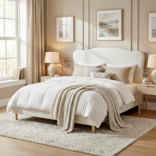 GarveeHome Queen Size Bed Frame with Upholstered Headboard, Beige | Soft Low Profile Sturdy Platform Bed,Rounded Corners Design, Heavy Duty, Wooden Slats, Noise Free, No Box Spring Needed - color: Beige, size: Queen