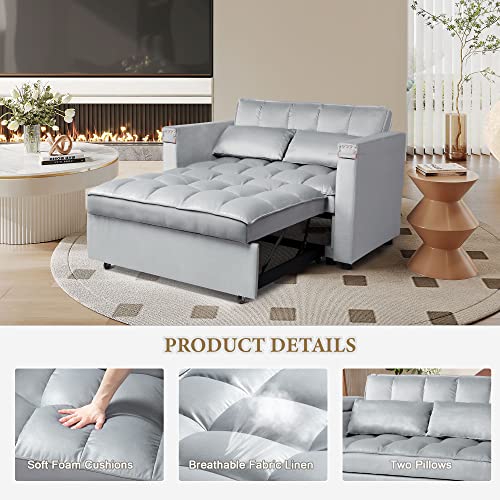 Convertible Sofa Bed,3-in-1 Multi-Functional Velvet Sleeper Couch Pull-Out 48'' Loveseat Bed Chaise Lounge with Adjustable Backrest and Pillows,Hidden Side Table for Living Room,Small Space Grey - color: 3-in-1 Grey Velvet 2 Seater