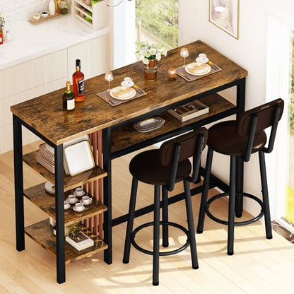 Recaceik 3 Piece Bar Dining Table Set, Modern Bar Table and Stools for 2, Kitchen Counter Height Dining Table Set with 4 Storage, Breakfast Nook Set Pub Table with Backrest - size: 47 inches