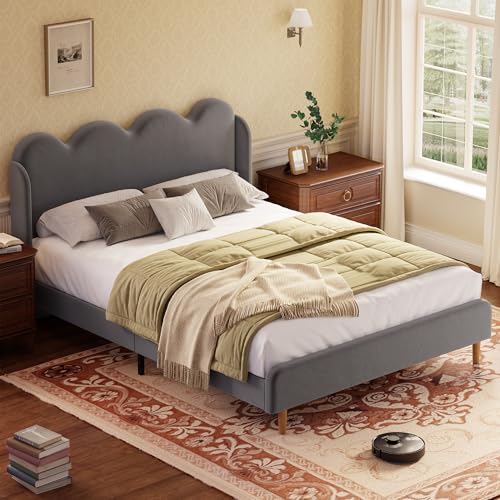 Garvee Twin Bed Frame for Kids, Upholstered Scalloped Wave Tall Headboard, Chenille Wingback Design, Wood Slat Support, No Box Spring Needed, Easy Assembly, Gray | Upholstered Scalloped Wave Tall Headboard, Wood Slat Support, No Box Spring Needed, Easy As