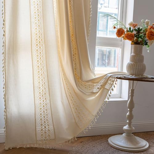 Deeprove Boho Curtains 84 Inches Long for Bedroom, Beige Hollow Crochet Polka Dots Stripes and Cream Cotton Linen Fabric Patchwork, Bohemian Tassel Semi-Blackout Window Drape 1 Panel, W59 x L84 - color: Beige 01, size: 59"W x 84"L (Pack of 1)