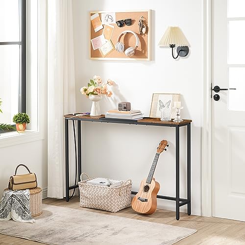 HOOBRO Narrow Console Table with Power Outlets, 44.9 Inches Sofa Table, Slim Behind Couch Table, Entryway Table with Display Shelf, for Living Room, Foyer, Hallway, Rustic Brown and Black BF114UXG01 - color: Rustic Brown + Black