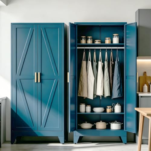 71" H Pantry Cabinet,Metal Storage Cabinets with Doors and Shelves,Tall Food Kitchen Cabinets,Farmhouse Kitchen Cabinet,Freestanding Cabinet - color: Blue, size: 71"H-2 shelves