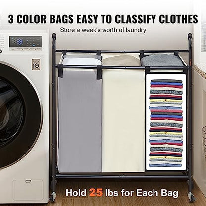 VEVOR 3-Section Laundry Basket, Heavy Duty Laundry Hamper Storage Organizer, Laundry Sorter Cart with Heavy Duty Lockable Wheels for Dirty Clothes in Laundry Room Bedroom
