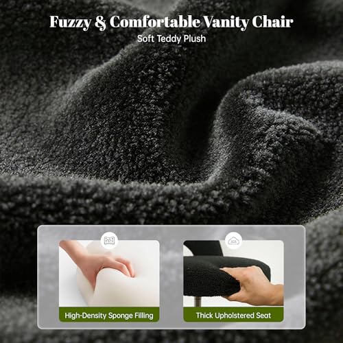 DurayLoly Vanity Chair with Wheels & Breathable Open-Back,Black | Fluffy Teddy Fleece Height Adjustable Armless 300lbs for Makeup Room, Bedroom, Dorm, Home Office, Black - color: Black