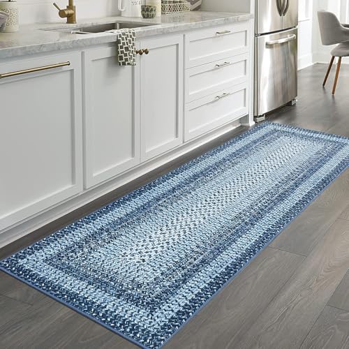 Braided Print Runner Rug 2x8 Machine Washable Hallway Runner Rugs | Entryway Long Throw Carpet Non Slip Kitchen Mat Living Room Rustic Carpet for Bedroom Dining Room, Blue - color: Blue, size: 2' x 8' (Runner)
