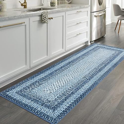 Braided Print Runner Rug 2x8 Machine Washable Hallway Runner Rugs | Entryway Long Throw Carpet Non Slip Kitchen Mat Living Room Rustic Carpet for Bedroom Dining Room, Blue - color: Blue, size: 2' x 8' (Runner)
