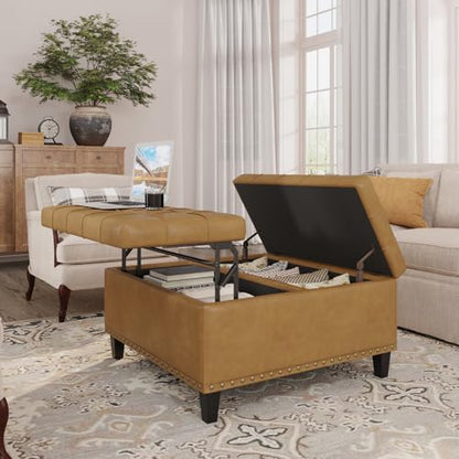 FiveWillowise 31.5 Inch Large Square Ottoman with Storage,Faux Leather | Coffee Table Storage Ottoman Bench with Lift Top Upholstered Footrest Stool Toy Box for Bedroom Living Room,Camel - color: Camle