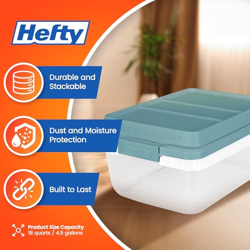 Hefty 18 Quart Hi-Rise Storage Bin with Lid, Stackable Plastic Container for Home, Office, and Classroom Organization, 8 Pack, Smoke Blue - size: 18 QT - 8 Pack