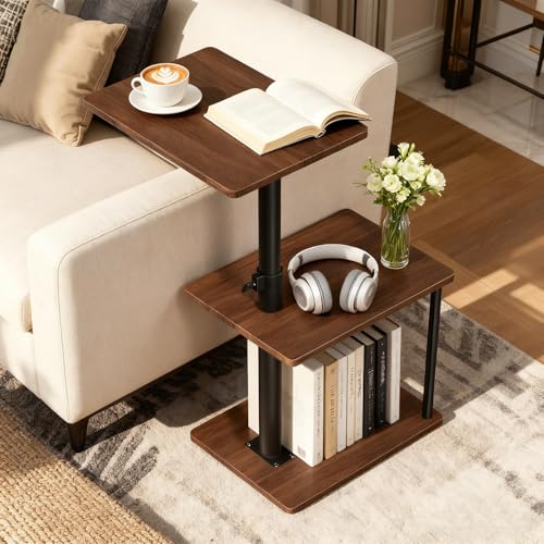 Faesun Swivel Side Table for Couch Arm, Height Adjustable C Shaped End Table for Recliner or Bed, Tv Trays with Storage Shelf for Small Spaces- Small Nightstand for Living Room, Bedroom - color: Walnut, size: Standard