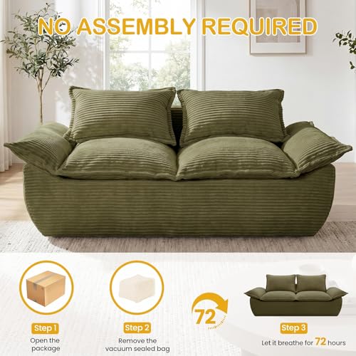 56" Boneless Loveseat, 2-Seater Green Boneless Sofa with Removable Cushions & 2 Pillows, Small Boneless Couch Deep Seat Compress Foam Sofa for Living Room, Apartments, & Office - color: Green, size: Loveseat（56")