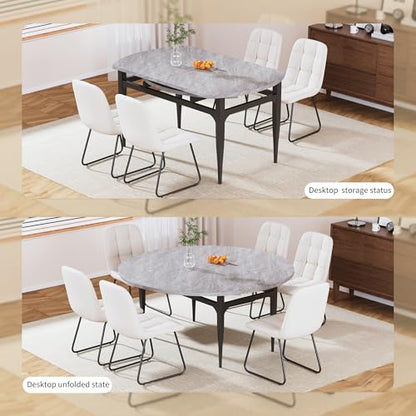 HIPIHOM 55‑Inch Extendable Dining Table Set with 6 Upholstered Chairs and Metal Frame for Dining Room - color: Grey/White
