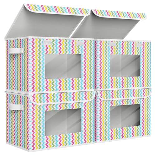 Univivi Fabric Foldable Storage Boxes with Lids, 4 Pack, Colorful | 17 x 12 x 12 In Large Stackable Storage Bins with Lids, Closet Organizers and Storage Cube Basket for Home, Office, Bedroom - color: Colorful Ripple