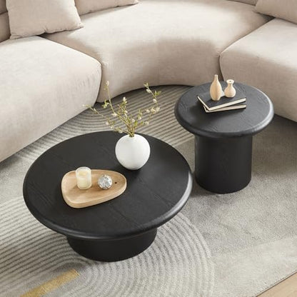 Round Nesting Coffee Table Set of 2, Modern 2-Piece Circle Wooden Center Table with Base, Accent Tea Table for Living Room Apartment, Easy Assembly, 31.5" & 20.87" (Black) - color: 31.5" & 20.87",black