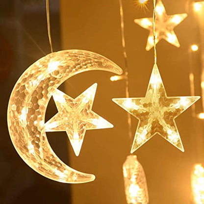 Ramadan Decorations for Home,138 LED Upgraded Extra Large Star Moon Curtain Lights for Kids Bedroom Decor,USB Powered 8 Modes Remote LED Fairy Lights for Ramadan Window Wedding Christmas Decor